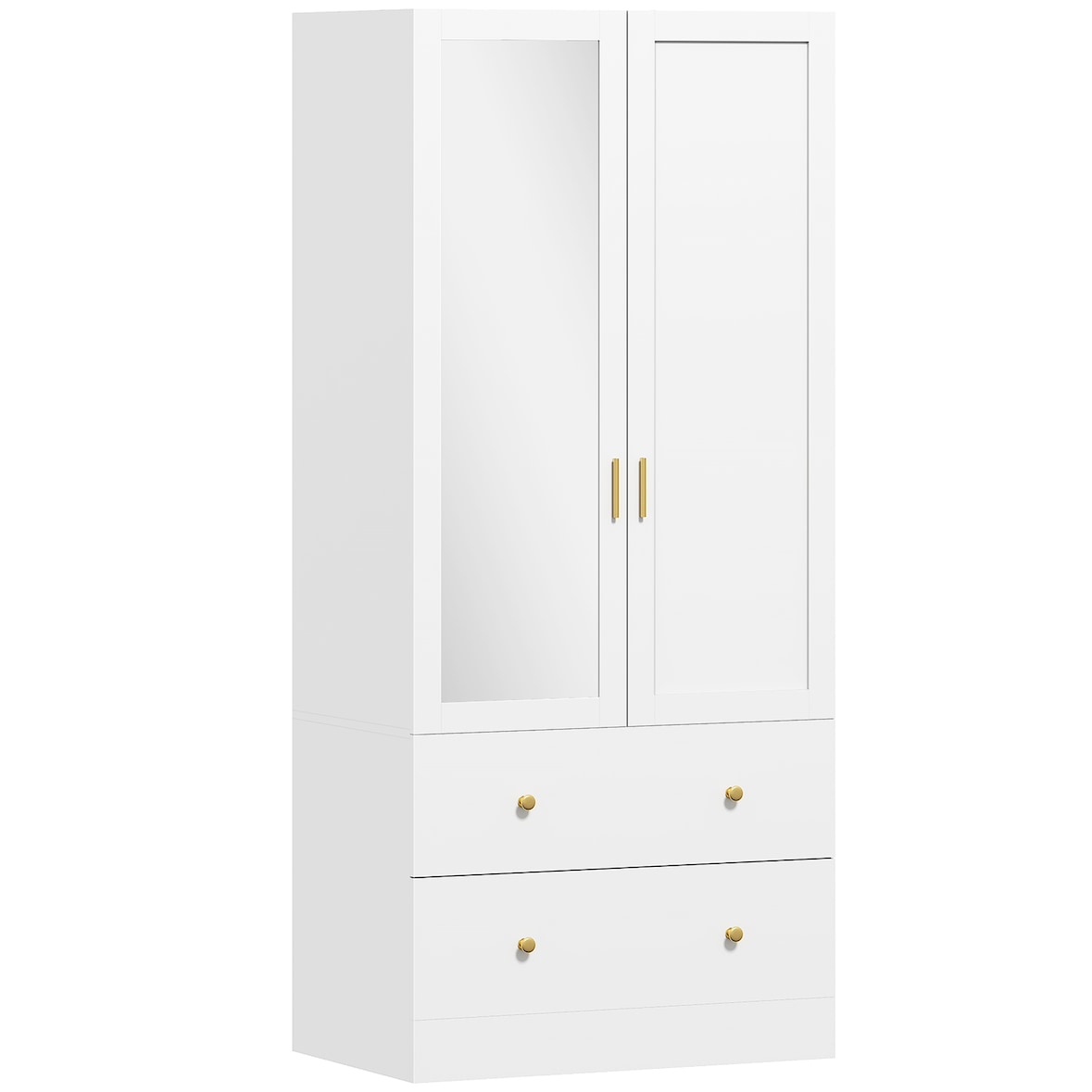 HOMCOM armario dormitorio 2 puertas y 2 cajones, armario ropero con espejo, barra para colgar, estilo moderno, 80x50x180 cm, blanco