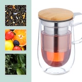 thumbnail of Relaxdays Teeglas, mit Edelstahl-Sieb, Bambusdeckel, Henkel, Volumen 430 ml, doppelwandige Teetasse, transparent/natur