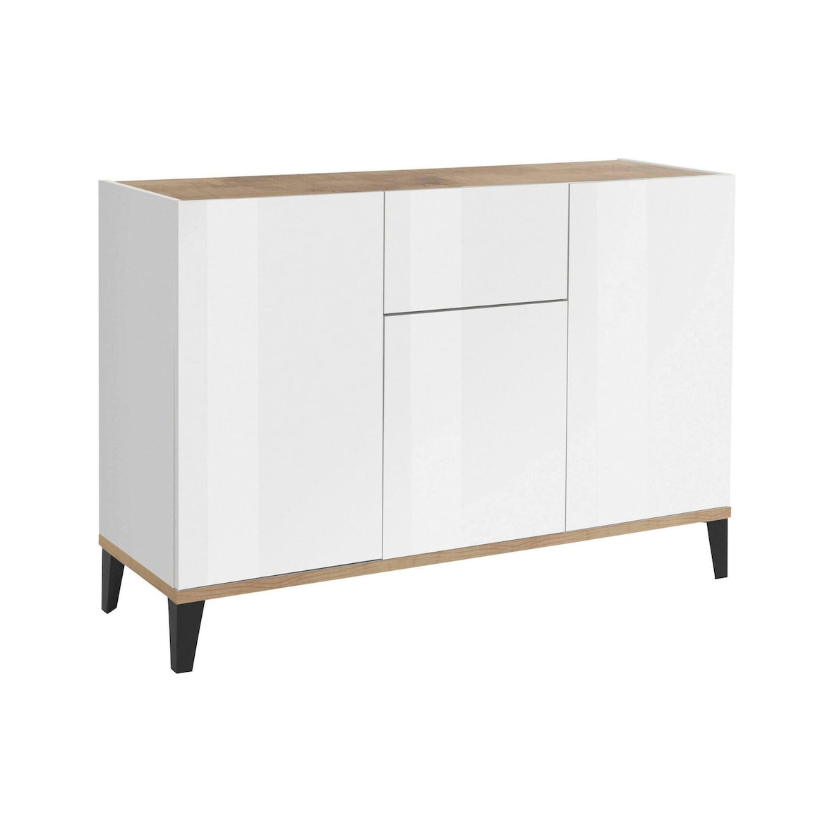 Dmora Kommode Giorgio, Küchen-Sideboard mit 3 Türen und 1 Schublade, Wohnzimmer-Buffet, Küchen-Sideboard, 120x40h82 cm, Weiß glänzend und Ahorn
