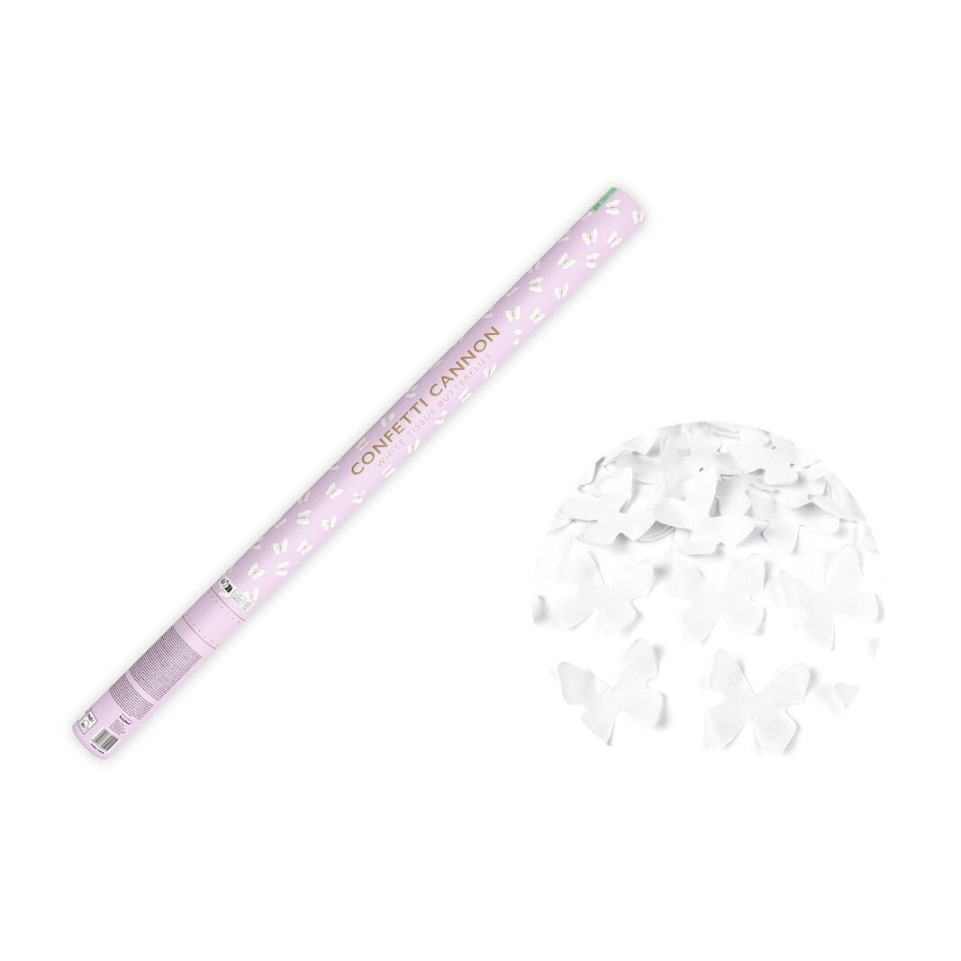 Konfettikanone mit Schmetterlinge weiß Hochzeit 80 cm