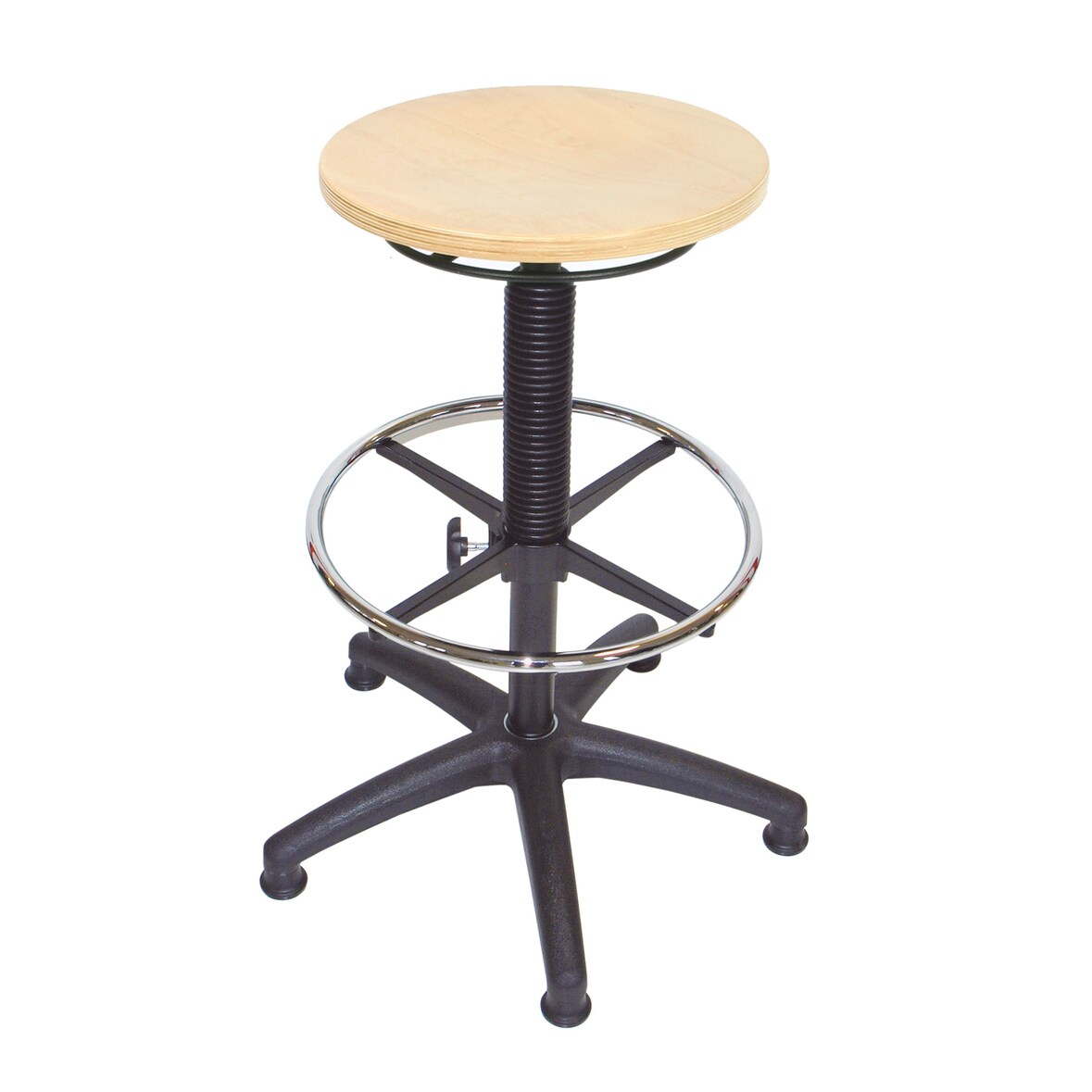 PROREGAL Hocker Louisville | Sitzhöhe 55-81cm | Ø 63cm | Tragfähigkeit 110kg | Buche-Sitz | Kunststoff-Fußkreuz, Fußring, Gleiter | Buche