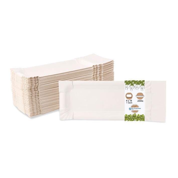 BIOZOYG 2000 Stück Einwegteller Wurstpappe 8x18+3cm, Pappteller rechteckig mit Abriss, weiß, Pappteller Bratwurstschale Pappgeschirr, nachhaltig
