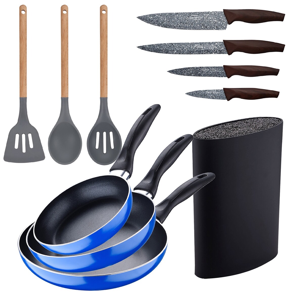 San Ignacio - Juego de 3pc sarten ø16/20/24cm en Aluminio Prensado Inducción con Juego de 3 Utensilios y Cuchillos con Soporte Universal Daimiel