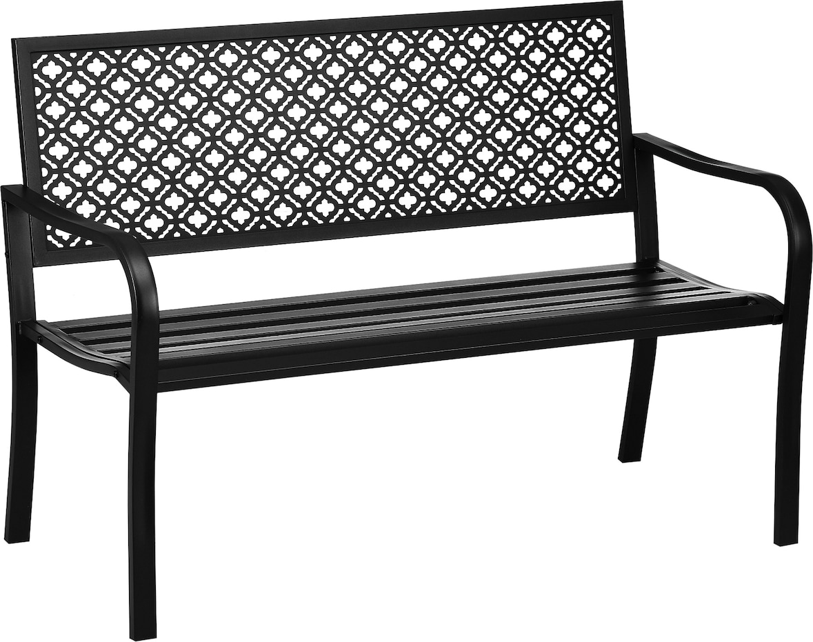 Outsunny banco de jardín de acero banco exterior de 2 plazas con respaldo decorativo estampado para terraza balcón patio carga 240 kg 127x63x83 cm