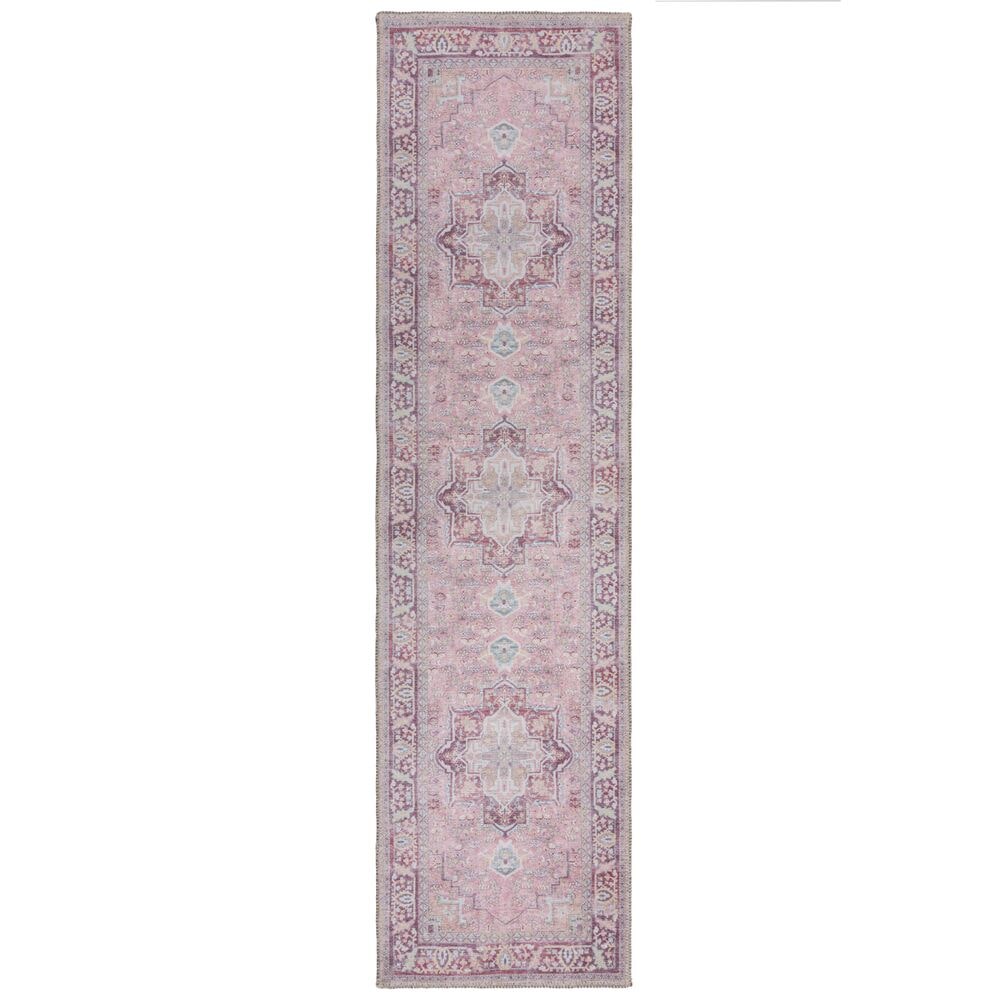 Maschinenwaschbarer Traditioneller Vintage-Teppich aus recycelten Fasern, rutschfest - `Hald`. Farbe: Rosa, 60x230 cm | Kadima Design