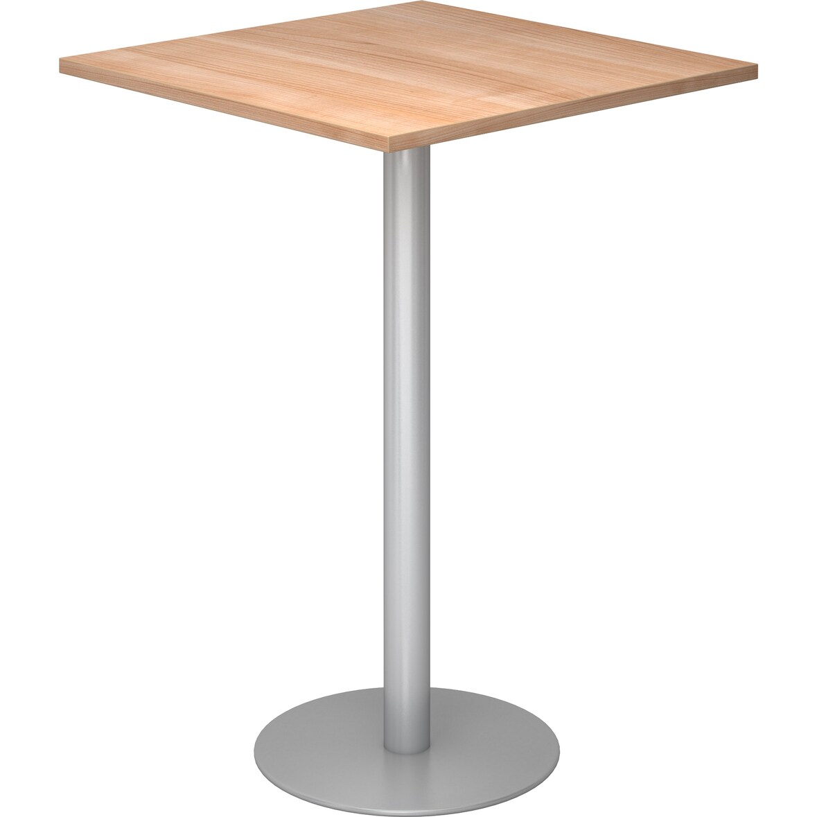 bümö Stehtisch Büro, Bistrotisch eckig 80 x 80 cm - Bartisch Nussbaum, Stehtisch Holz-Platte, Säule aus Metall in silber, Buffettisch, Säulentisch,