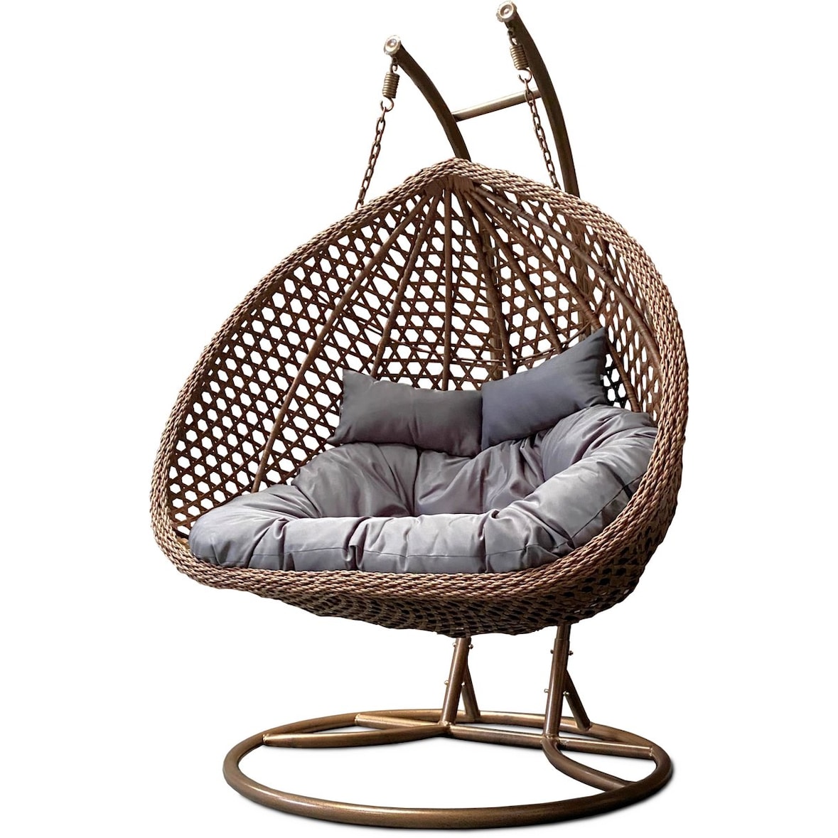 Rijoka Hangstoel Dubbel Eggy Rope Schommelstoel – Bruin Rattan - 2persoons - Donker Grijs kussen - Bruin Frame