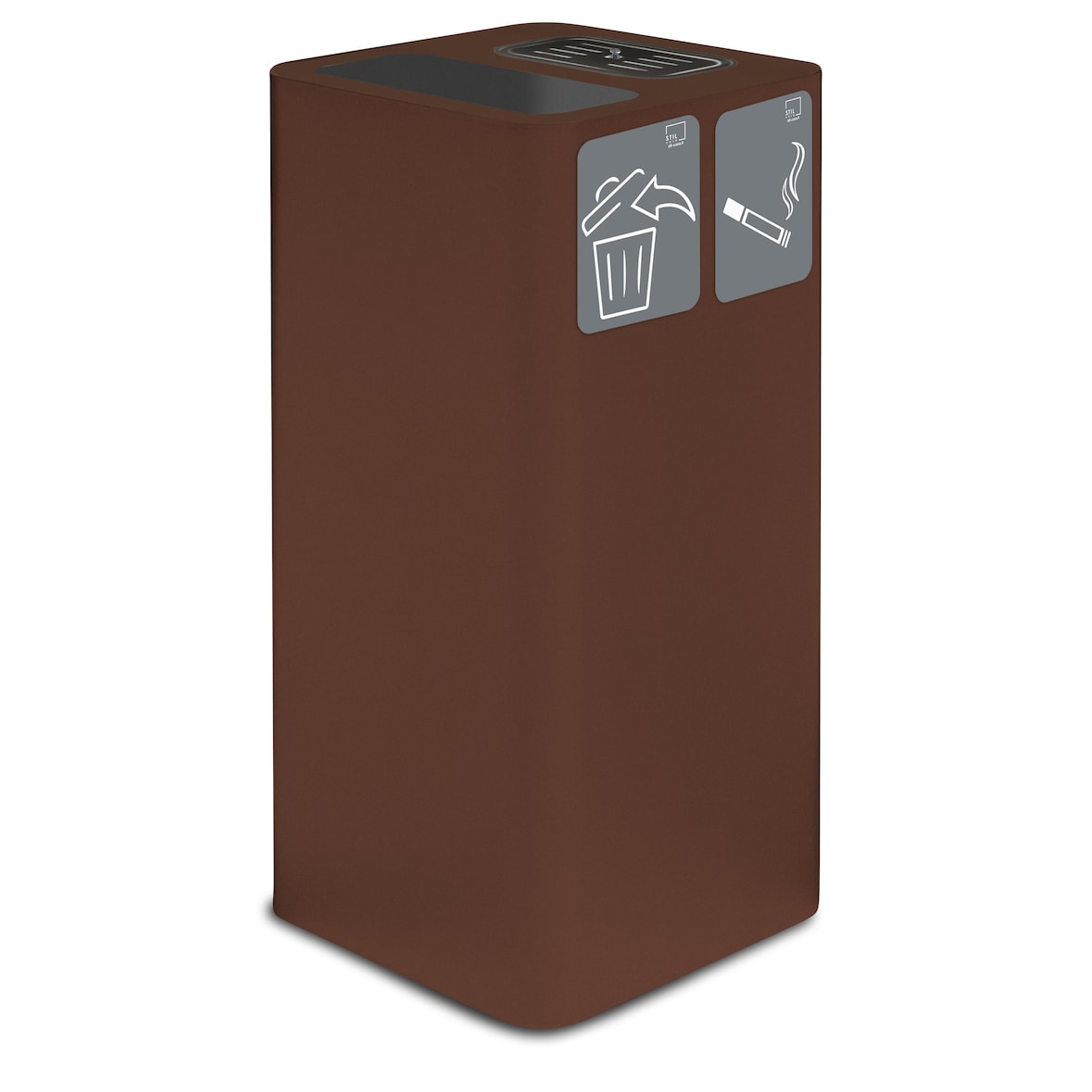 Stil Casa PURE contenitore raccolta rifiuti con posacenere, acciaio verniciato, 38x38xh. 80 cm, due pittogrammi magnetici inclusi, 100 litri, corten.