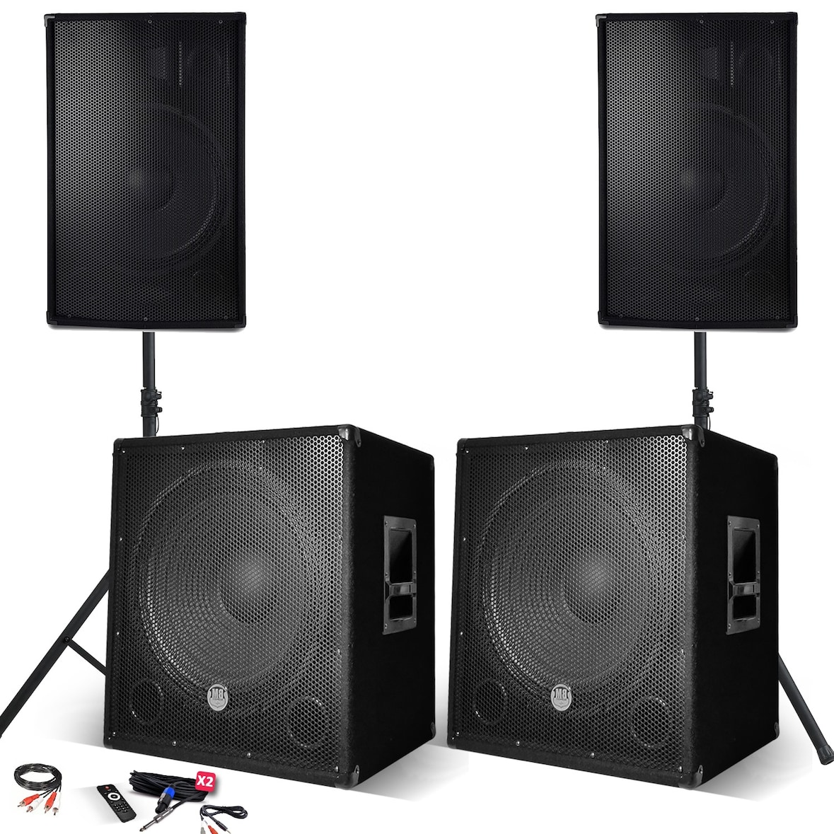 PACK SONO Complet 2800W, 2 Enceintes, 2 Subwoofers USB/BLUETOOTH CABLE PC + Pieds, Prestations SONO DJ PA