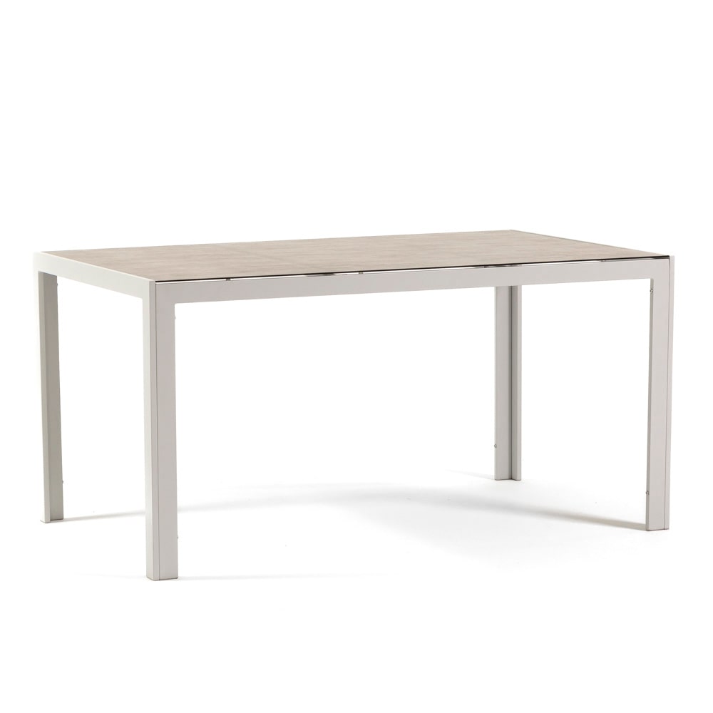 Rechteckiger Tisch 150x90 cm für Innen- und Außenbereich, aus Aluminium und Glas, für Küche, Esszimmer, Garten, 6 Personen–MILO–Weiß/Stein