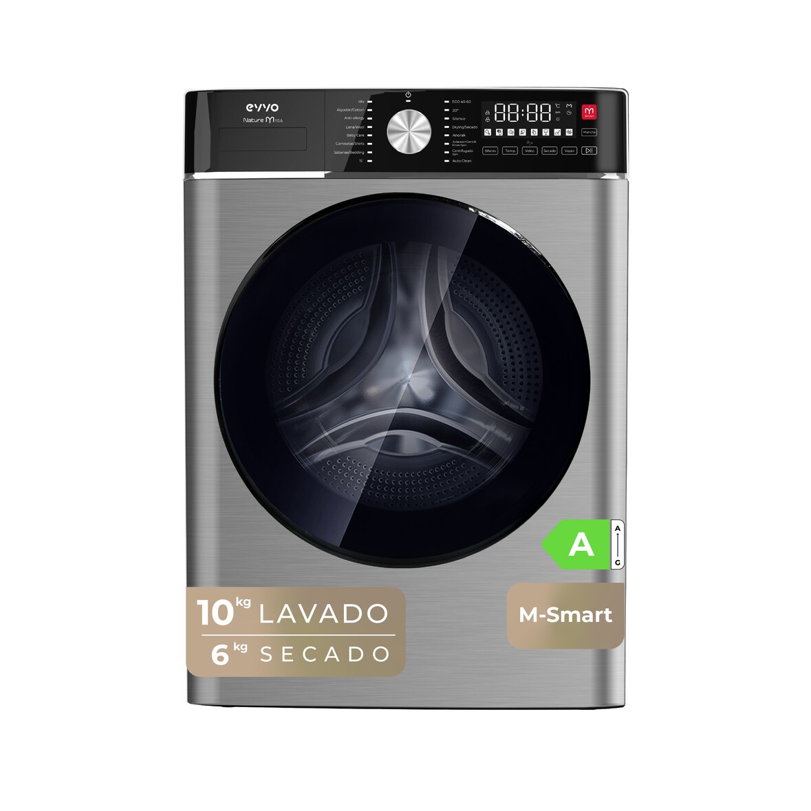EVVO Lavadora secadora 10 kg + 6 kg carga frontal Nature M10/6, 1400 rpm, Función vapor Steam Wash, Motor Inverter, M-Smart, inox