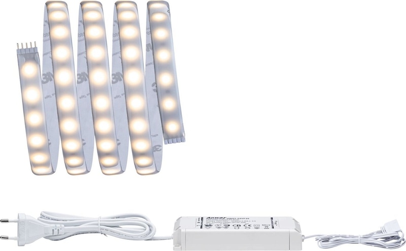 Ein weißes LED-Lichtband mit Netzteil.