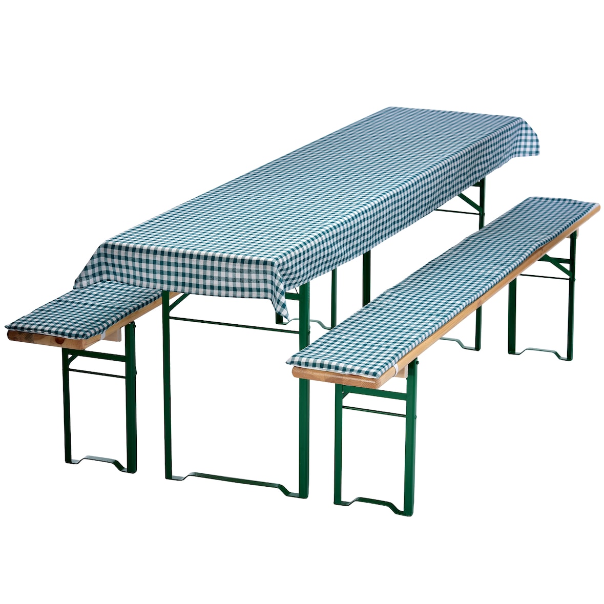 Bierbankauflagen Set 240x70 cm Grün Kariert - 1x Tischdecke für 220x50 cm Biertische & 2x Gepolsterte Auflage für 220x25 cm Bierbänke