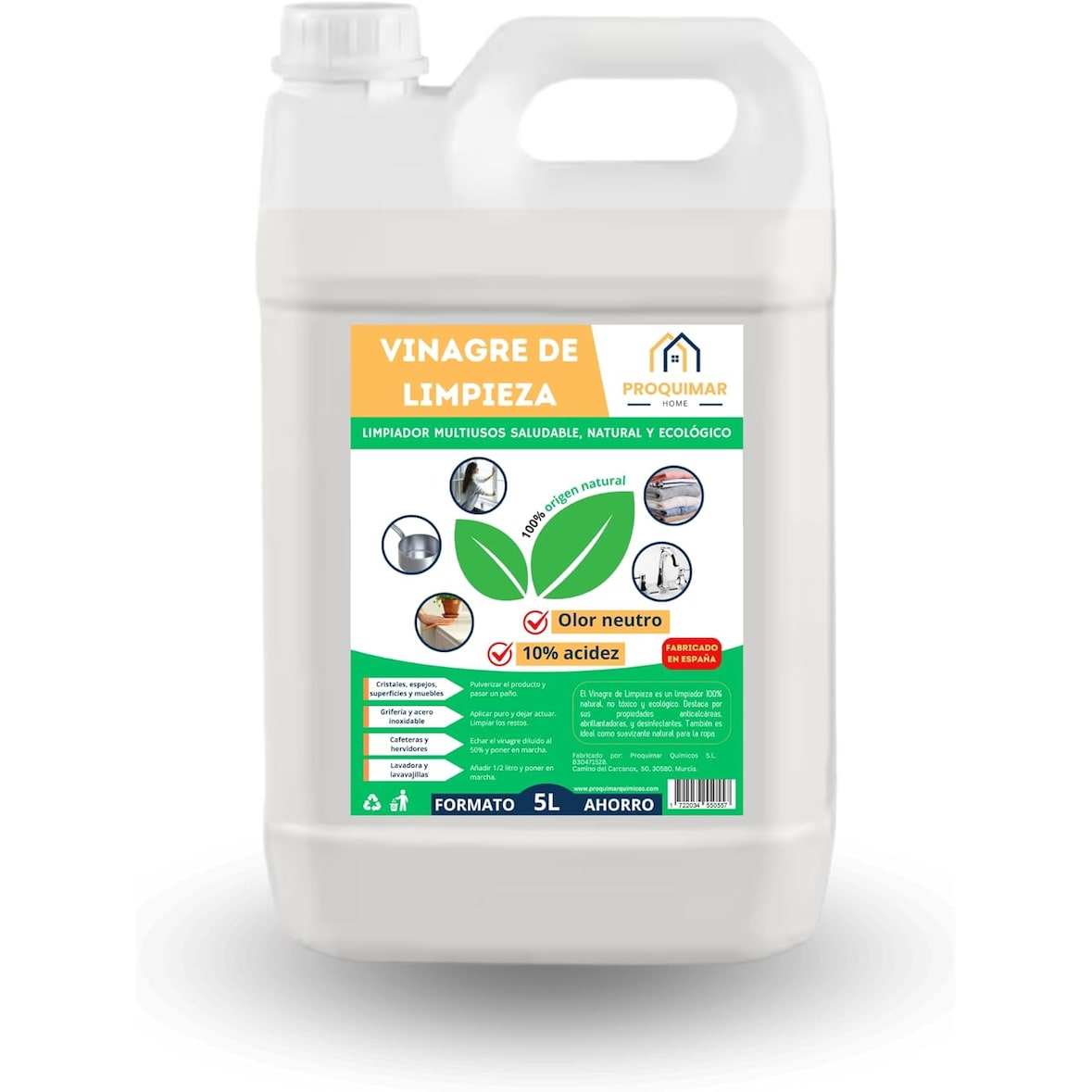 Proquimar Vinagre de Limpieza 10º Limpiador Natural Multiusos Desengrasante y Desinfectante Formato 5L