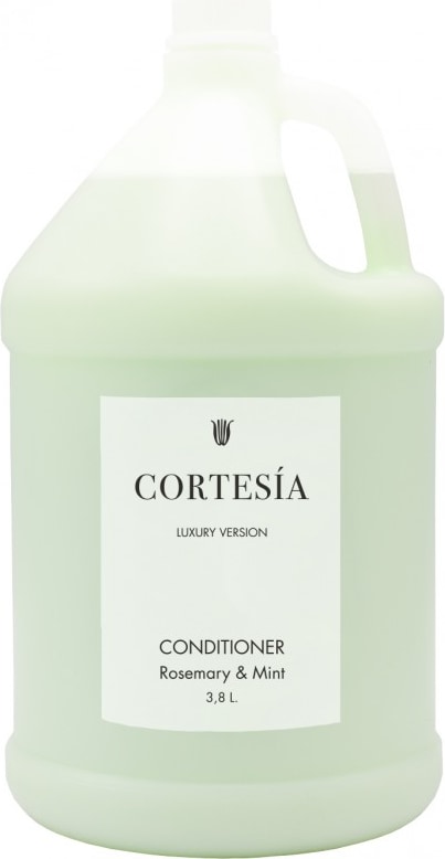 Cortesía Conditioner Kanister 3.8L, hellgrünes Produkt, Kräuterduft, halbtransparenter Behälter zur Füllstandskontrolle.