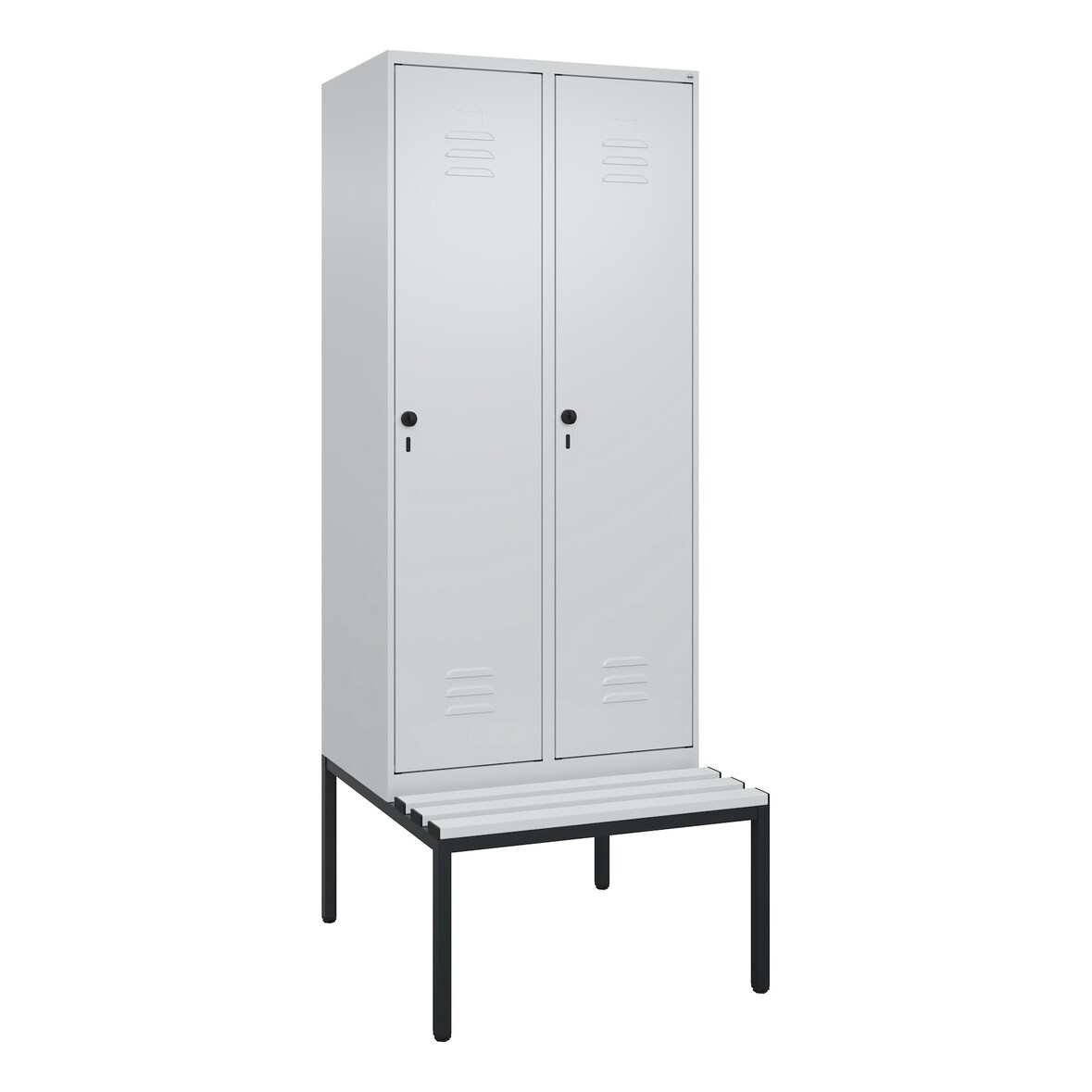 C+P Spind Classic PLUS, Kunststoff untergebaute Sitzbank, 2 Abteile, HxBxT 212x80x82cm, Sicherheitsdrehriegel, Hellgrau/Hellgrau von PROREGAL