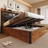 thumbnail of Bettrahmen 180x200 cm mit hydraulischer Hebevorrichtung und USB – elegantes Vintage-Design aus Holz und Metall Schwarz