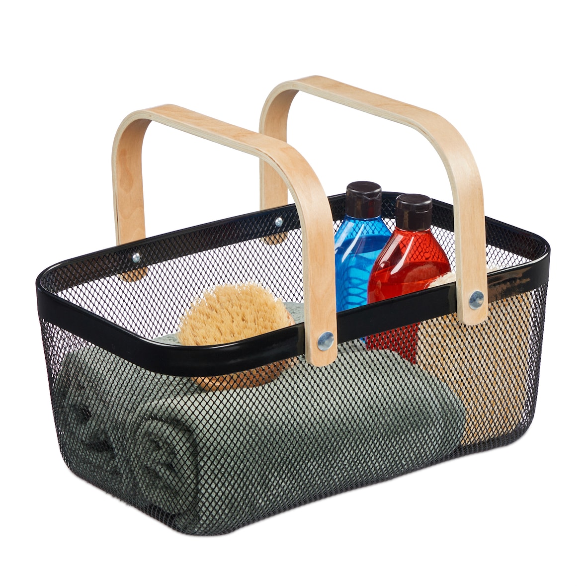 Relaxdays Drahtkorb mit Henkel, eckig, Aufbewahrungskorb Metall & Holz, Utensilienkorb Küche, Bad, Wohnzimmer, schwarz