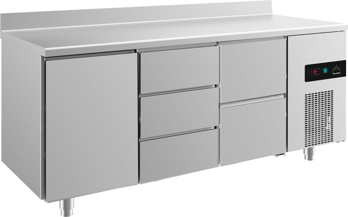 Gastro Kühltisch 1 Tür links 3/2 Schubladen mittig&rechts Umluftkühlung Aufkantung, 1865x700x850mm -2/+8°C  474L
