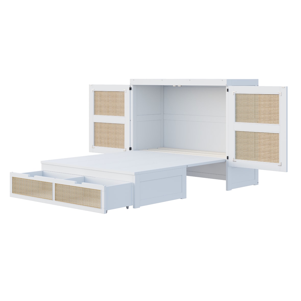 Schrankbett 140x200 Murphy-Bett platzsparend mit Stauraum Rattan-Design Schubladen Lattenrost Möbel Schlafzimmer Modern Weiß