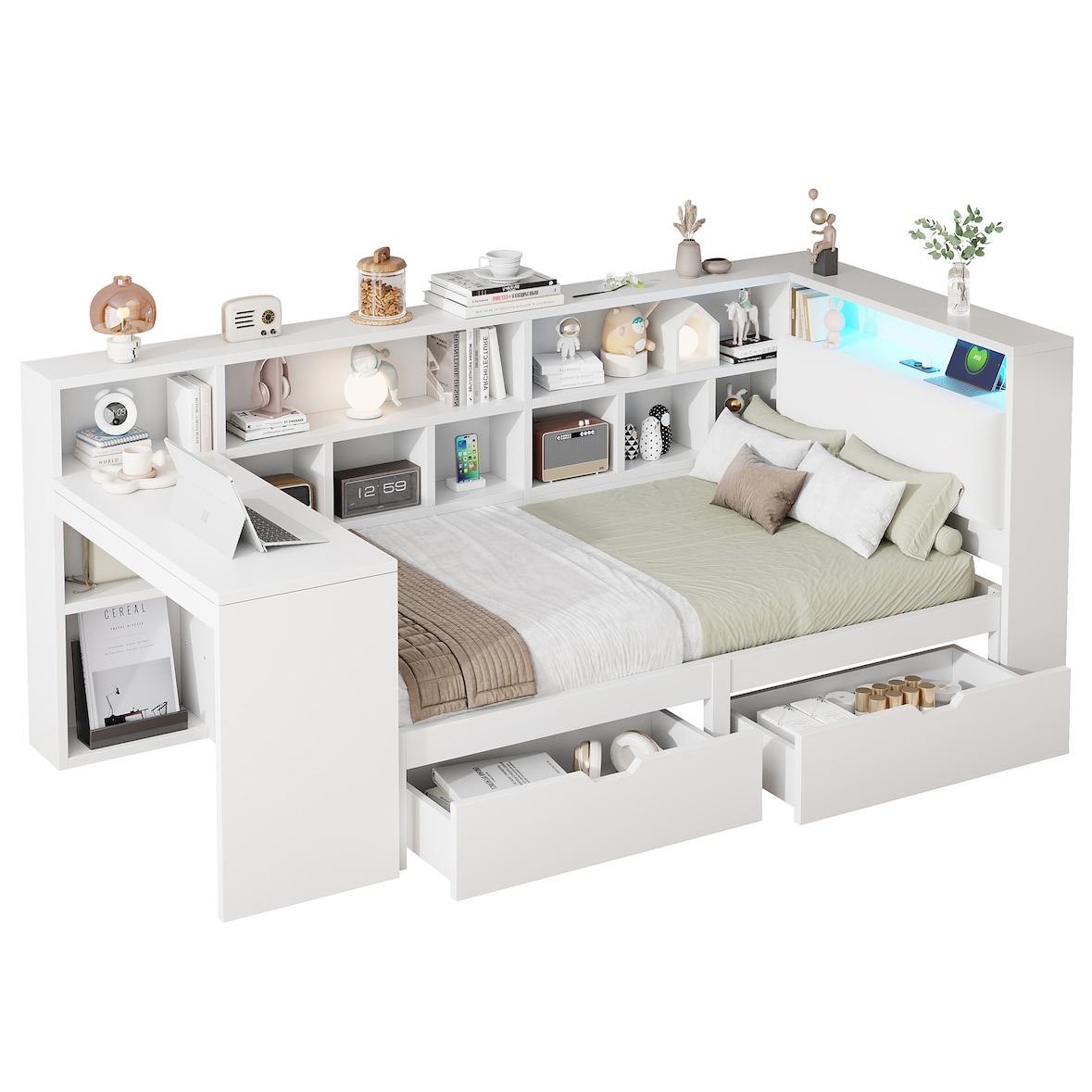L-förmiges Holz-Plattformbett 90x200 mit Schreibtisch und Bücherregal, platzsparendes Tagesbett, multifunktionales Bettgestell, modernes Design, Weiß