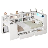 thumbnail of L-förmiges Holz-Plattformbett 90x200 mit Schreibtisch und Bücherregal, platzsparendes Tagesbett, multifunktionales Bettgestell, modernes Design, Weiß