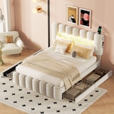 thumbnail of Merax 140 x 200 Polsterbett, Polsterbett mit 4 Schubladen, Polsterbet Bett mit LED-Lichtleiste mit USB und Stereoanlage, Beige