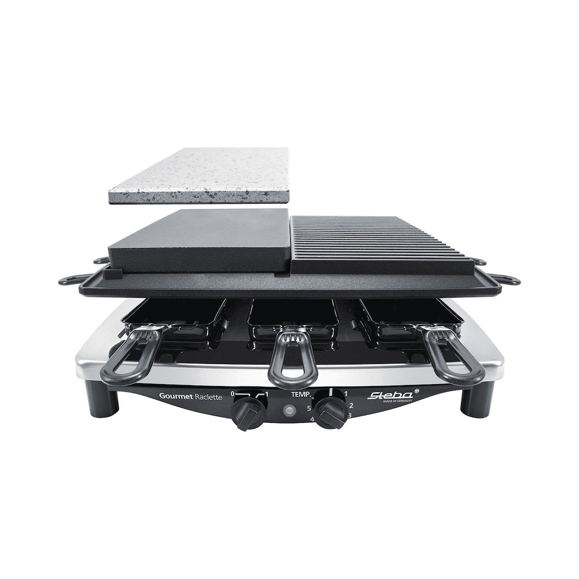 Steba Premium Raclette Made in Germany RC 4 Plus Deluxe Chrome mit Grillplatte Naturstein und wendbarer Gusseisenpfanne sowie 8 emaillierte Pfännchen