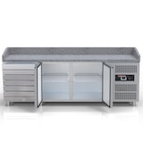 thumbnail of Pizzakühltisch - Pizzatisch mit 2 Türen und 7 Schubladen inkl. Glaskühlaufsatzvitrine für 1/3 GN Behälter - IDEAL graue Granitarbeitsplatte