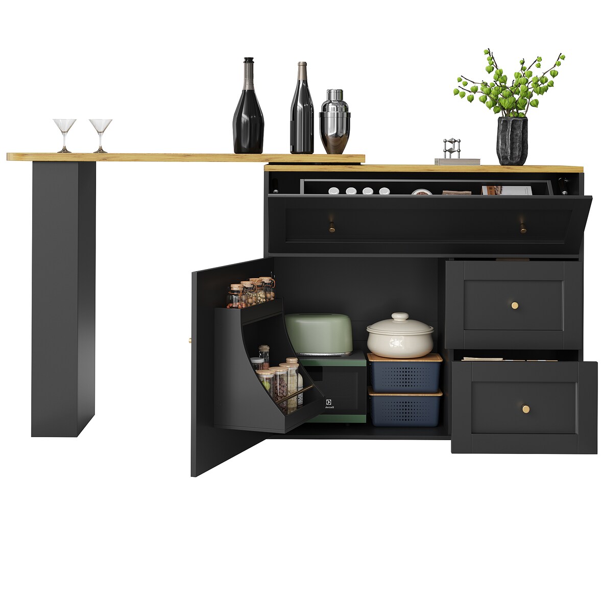 Bartisch ausziehbar Schwarz 204x39x105  mit Stauraum Snack Regal 360 Grad Drehteller Klappschubladen MDF Metallgriffe