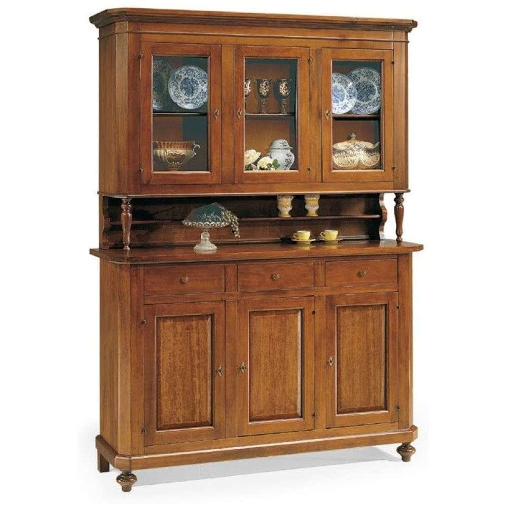 shopinnovativo -Cristalliera 6 ante 3 cassetti arte povera in legno massello e mdf con rifinitura in noce 150x43x218 H