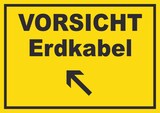 thumbnail of Vorsicht Erdkabel mit Richtungspfeil links oben Schild A4 Rückseite selbstklebend