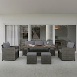 thumbnail of Set salón de jardín 6 plazas con sofá, 2 sillones, 2 pufs y mesa en polywood efecto madera, elegante y resistente - CATANIA
