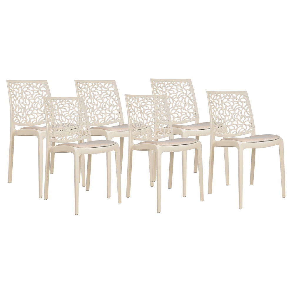 Set de 6 sillas de polipropileno con cojín, apilables, diseño moderno para cocina, comedor, bar o restaurante – Anna – Crema/Crema