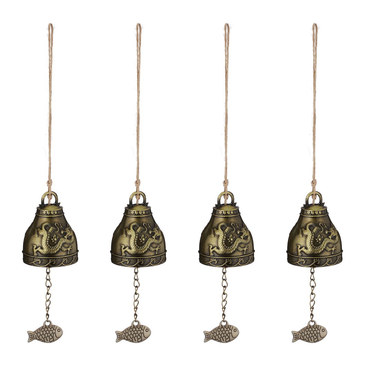 Relaxdays Windspiel Glocken, 4er Set, Feng Shui Glockenspiel, Phönix & Drache Motiv, Garten, Metall, Klangspiel, gold