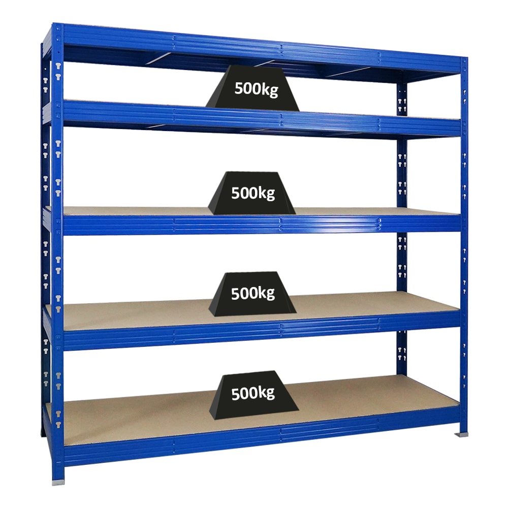 PROREGAL Profi Schwerlastregal RHINO | HxBxT 180x200x60cm | 5 Spanplatten-Ebenen 8mm | Fachlast 500kg | Blau | Stecksystem Lagerregal Regalsystem