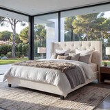 thumbnail of Polsterbett HWC-N59, Bett Doppelbett Bettgestell mit Lattenrost, Massivholz Stoff/Textil 180x200cm ~ creme-beige