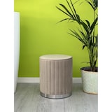 thumbnail of Poef van gewatteerd fluweel met verchroomde basis, ⌀36 cm, voor interieur/slaapkamer/woonkamer/hal – Ruby–Beige/Zilver