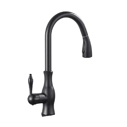 NAVIS | Torneira de cozinha elegante e extensível em aço inox preto, arco alto, misturador de luxo, alta pressão, 360°, 2 conexões