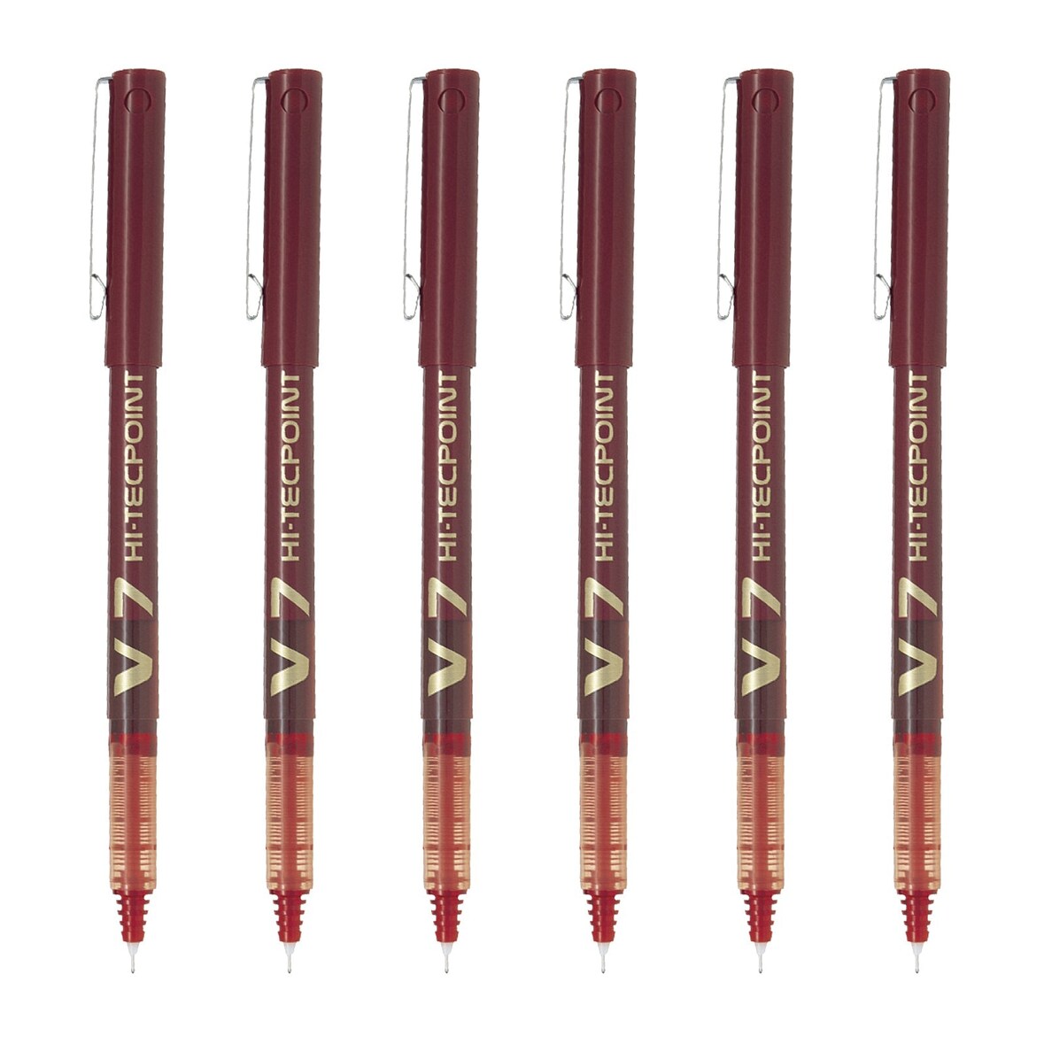 PILOT- Set de 6 Bolígrafos Roller V7 HI-TECPOINT Punta Fina 0.7 mm. Rojo