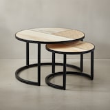 thumbnail of Design Wohnzimmertisch 2er Set Mango / Rattan Beistelltisch Rund, Couchtisch Wiener Geflecht, Tischset 2-teilig mit Metallbeine, Satztisch Holz /