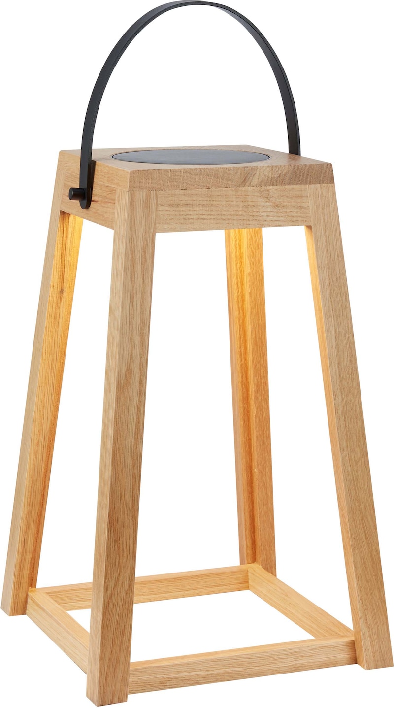 Eine hölzerne Laterne mit einem Griff.