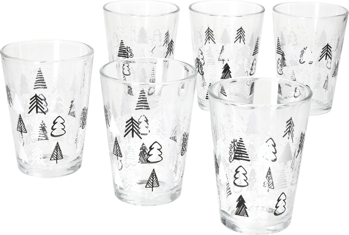 6er Set TREE GREY WINTER Weihnachtsbaum Weihnachtsgläser mit schwarzen & weißen Tannenbäumen – 817348