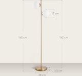 thumbnail of Stehlampe Standleuchte 39x28x165 cm Gold mit zwei Glas Lampenschirmen, runder Metallfuß, Fußschalter, modernes Licht für Wohn und Arbeitsbereich