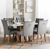 thumbnail of Esszimmerstuhl Samt Grau 6er Set 95x63x49 cm mit Türklopfer Chromring und Kupfernägeln Massivholzbeine, modernes Polsterdesign