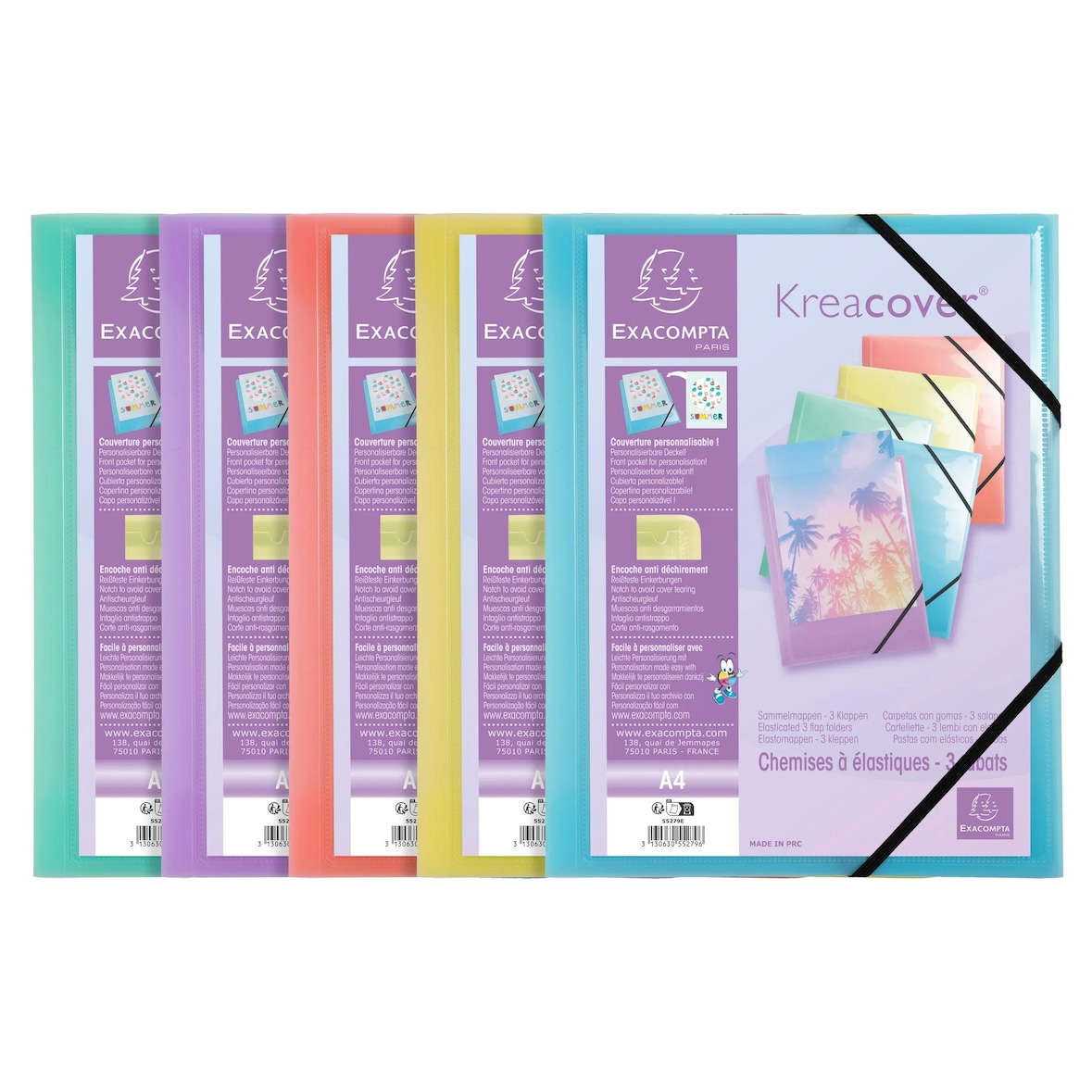Exacompta  Cod. 55279E - Cartella 3 lembi personalizzabile con elastici Kreacover Pastel in Ppl traslucido - 24x32cm col. assortiti- Conf. da  25 pz.