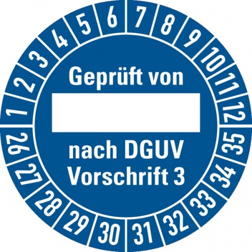 Prüfplakette ab 26, Geprüft von _____ nach DGUV Vorschrift 3, blau/weiß, Ø 30mm - Bogen = 10 Plaketten - 30 mm Dokumentenfolie selbstklebend