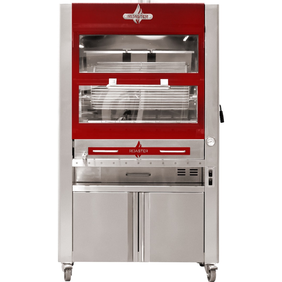Girarrosto a carbonella 18-24 polli con 6 spiedi su supporto con rotelle dimensioni 1090x920x1930 acciaio inox e rosso