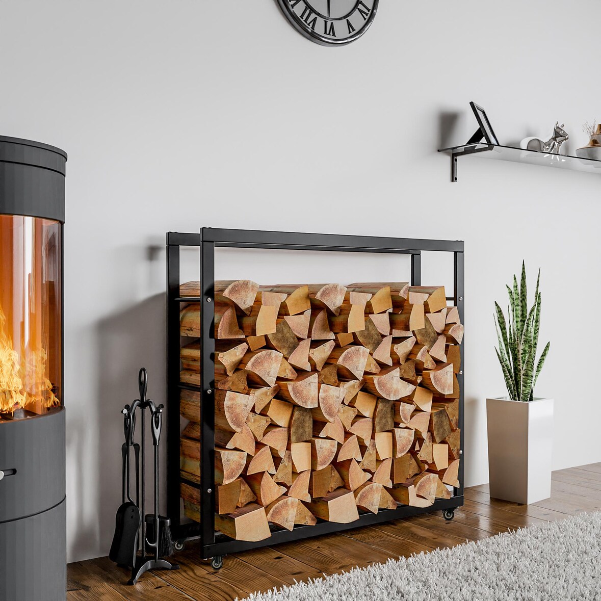 DELUKE® Kaminholzregal innen Metall SATLO mit Rollen Brennholzregal innen Kaminholzständer Kaminholzhalter Feuerholzregal Schwarz, 25x125x150cm