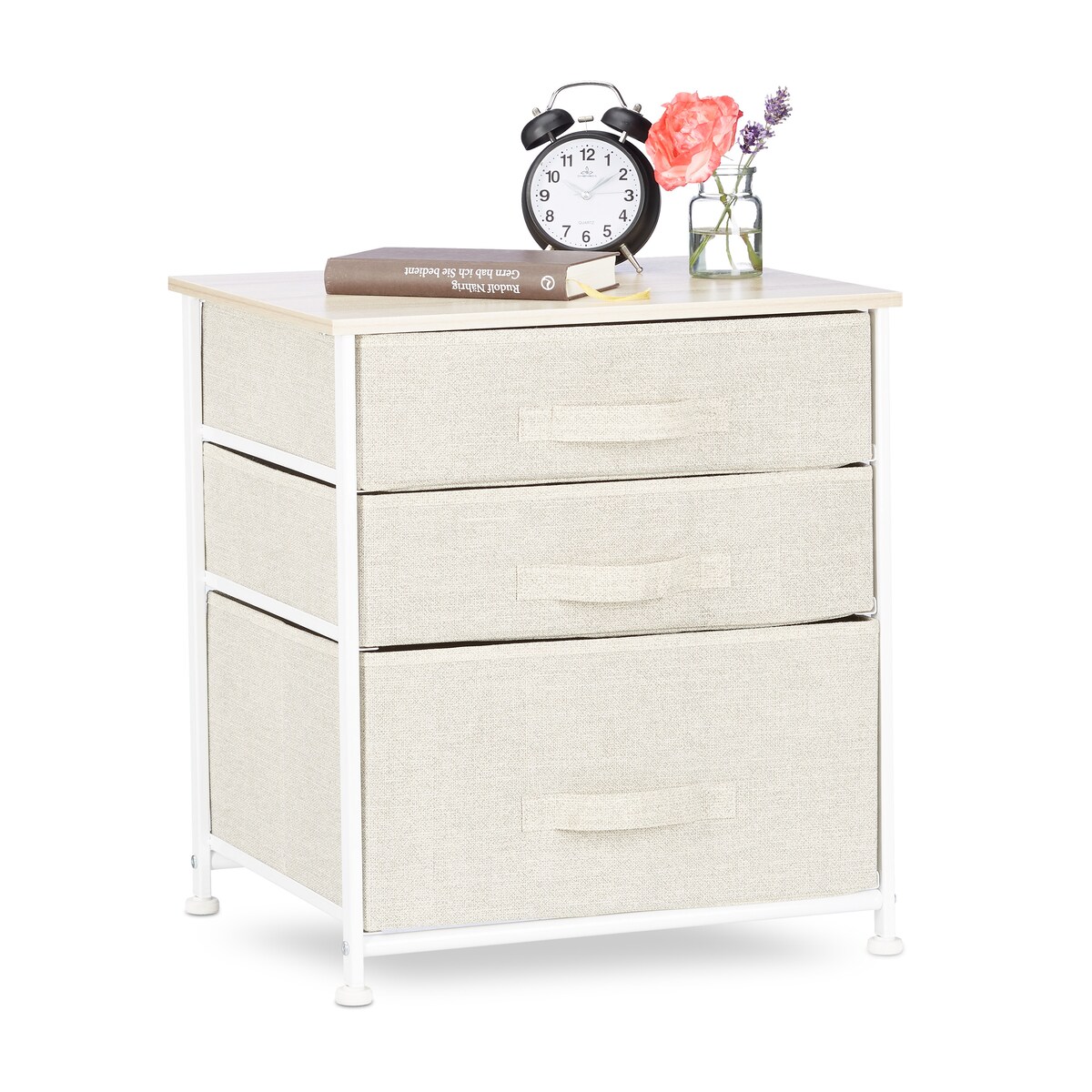 Relaxdays Regalsystem, 3 Stoff-Schubladen, universale Schubladenbox, Metall und Holz, HxBxT: 53 x 48 x 40 cm, beige